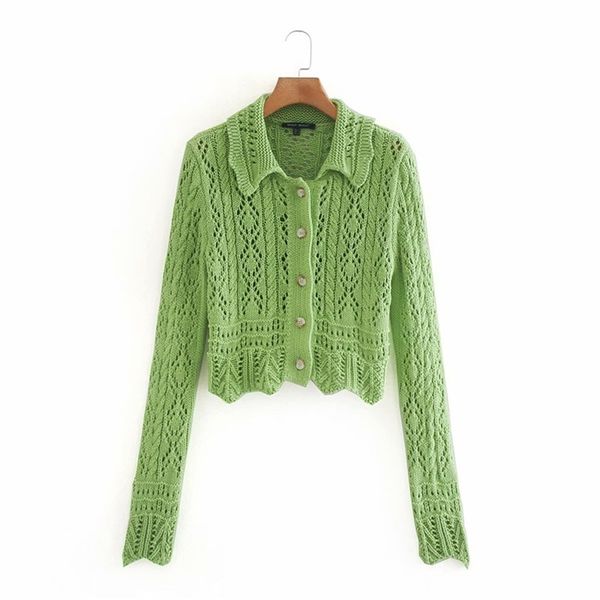 

women casual summer green sweater chic lady fashion long sleeve single breasted knitted cardigans hollow out sweaters 210812, White