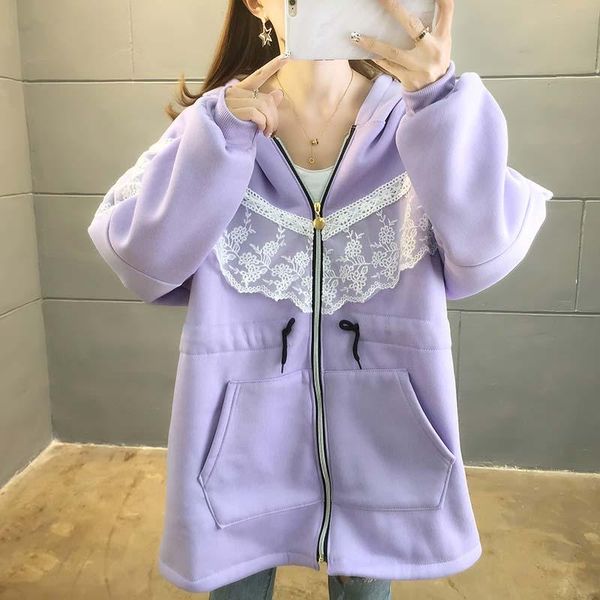 

women's hoodies & sweatshirts winter zipper long hooded women lace splicing pocke't velvet sweatshirt casual solid pure loose zip, Black
