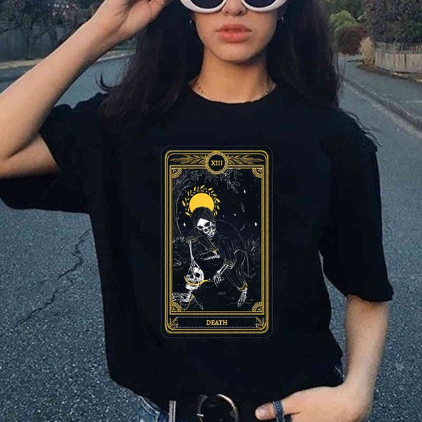 Gothic Die Tarotkarten Tod Frauen T-shirt 90er Jahre Vintage Ästhetische Casual Gedruckt T-shirt Hipster Harajuku Sommer Übergroßen T-shirts 210518