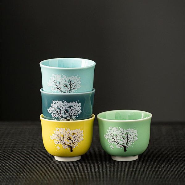 Tazze da tè in ceramica Set di 4 tazze da tè Four Seasons Cherry Blossom scolorimento bicchieri piattini da 115 ml