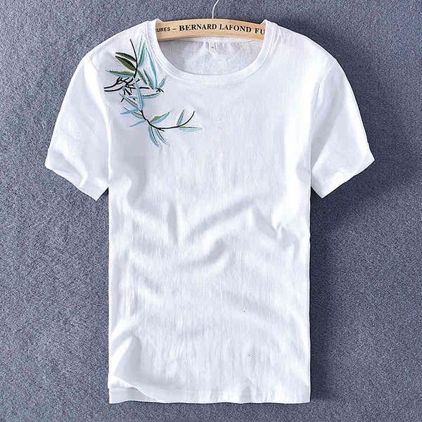 

men's t-shirts summer linen short-sleeved t-shirt chinese style bamboo leaf embroidery flax t shirt men brand fashion tshirt mens bda9, White;black