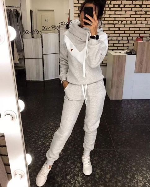 

women's two piece pants wish autumn and winter large european american sportswear fleece sports leisure set, White