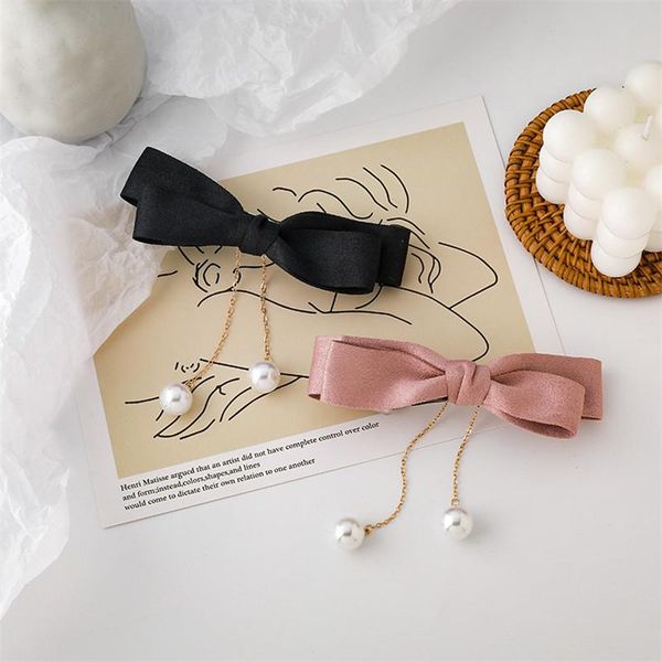 

pink black bow hairpin pearl women girls hair clip duckbill simple wild accessories