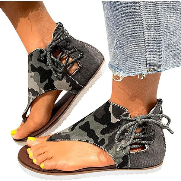 

sandals summer women lace up flip flops shoes camouflage flat woman 2021 large size zipper back roman sandalias mujer, Black