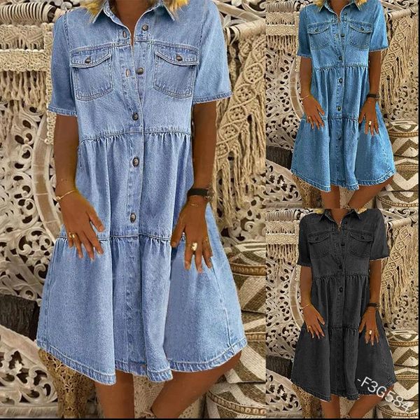 

denim jeans knee length women dress summer washed loose midi high waist fashion short sleeve, Black;gray
