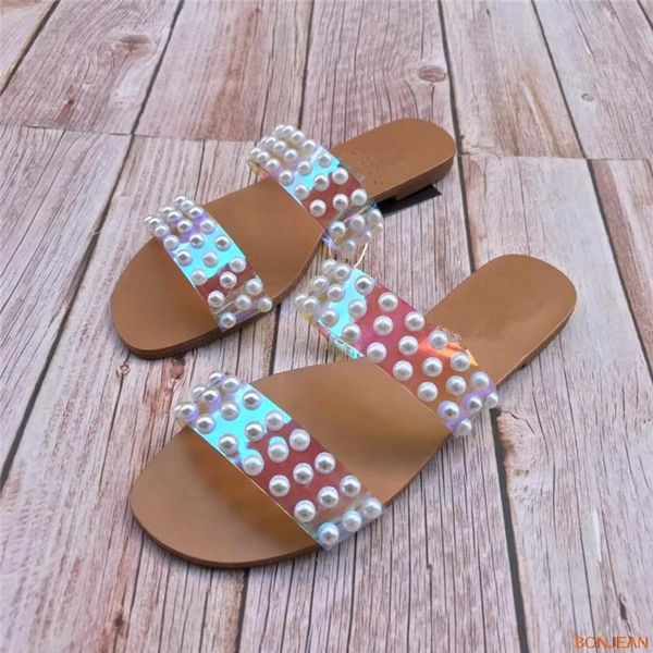 

slippers pearl slipper women shoes summer decoration slides flat beanch flip-flop fashion z a, Black