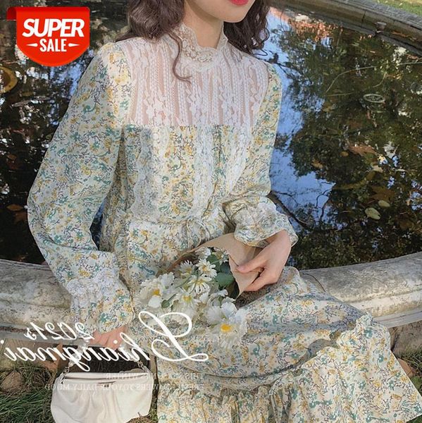 

net celebrity and retro art lace stitching floral long-sleeved dress on behalf of one generation #mw4e, White;black