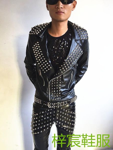 

men's fur & faux rock punk leather jacket stage singer performance clothes hair stylist black slim long-sleeved pants