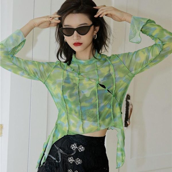 

women's t-shirt tie-dye printing stitching asymmetrical mesh green long-sleeved t-shirt, see-through hollow transparent top, White