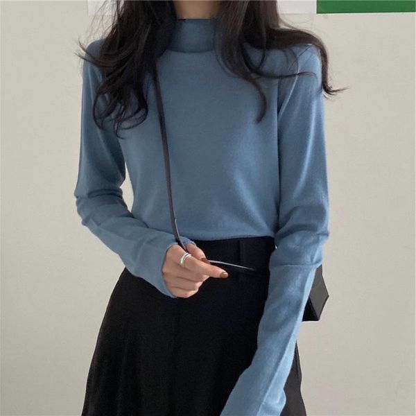 

women's t-shirt spring women full sleeve t-shirts autumn black white solid half turtleneck femme casual slim t shirt bottoming top