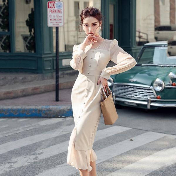

casual dresses french style mermaid dress women spring summer long sleeve niche waist split fishtail 2021 slim mid-length outfit, Black;gray