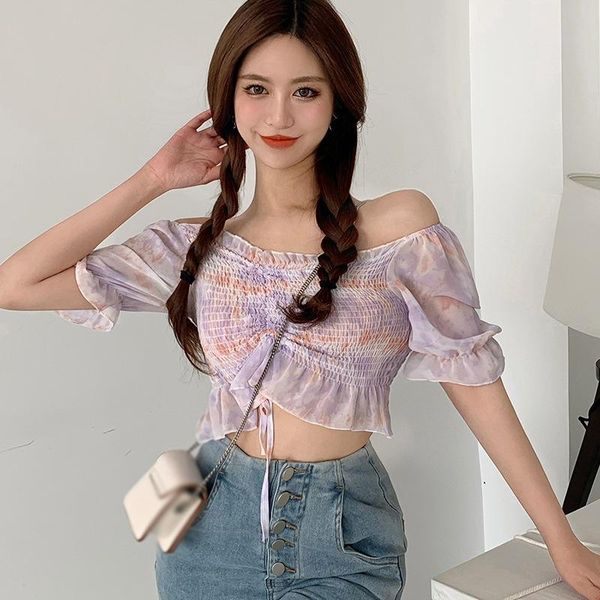 

women's blouses & shirts summer short sleeve crop women chiffon print fashion korean slash neck, White