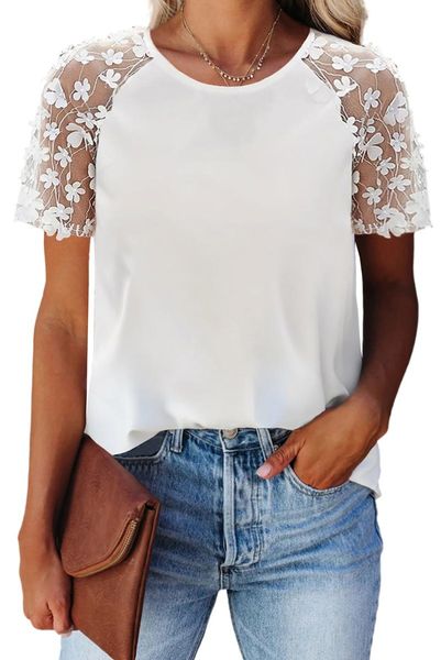 

women's blouses & shirts sky blue crewneck applique splicing sleeve top, White
