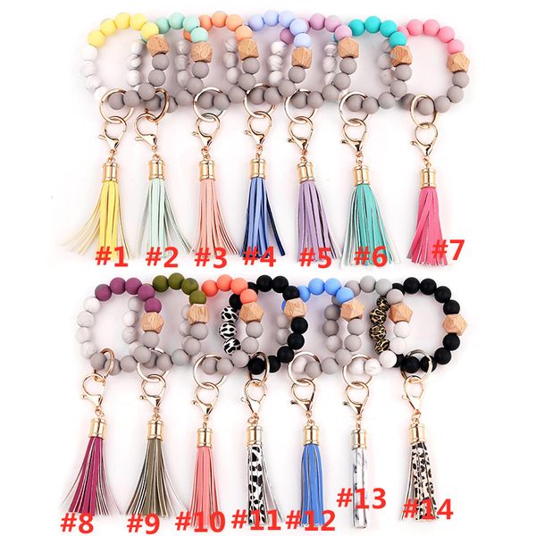 

leather tassel wood chains women ring food grade silicone bead bracelet key chain, Blue