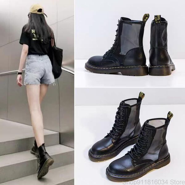 

boots leather women's summer 2021 british spring locomotive middle tube cow short thick soled, Black