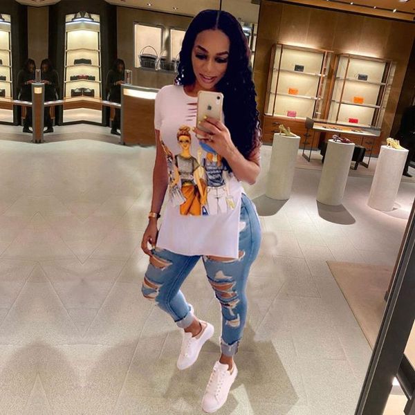 

women's t-shirt vavcy 2021 summer girl's pattern white loose-fitting lounge women