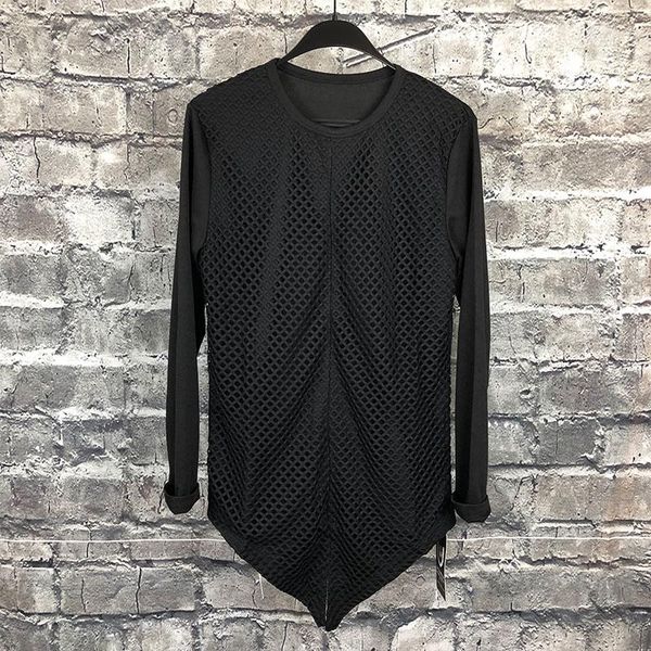 

men's t-shirts slim false two-piece mesh t - shirt fashion personality irregular hem design large size long sleeves, White;black
