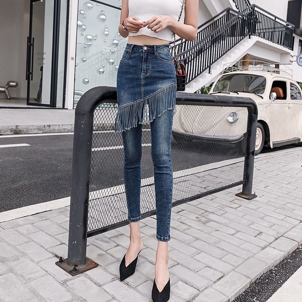 

women's jeans fashion fake two high waist tassel feet thin elastic pencil nine pants 1lkg, Blue