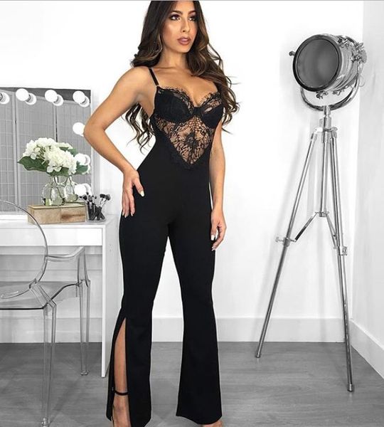 

women's jumpsuits & rompers 2021 est women summer black lace v neck spaghetti strap sleeveless bandage jumpsuit knitted bodysuit, Black;white
