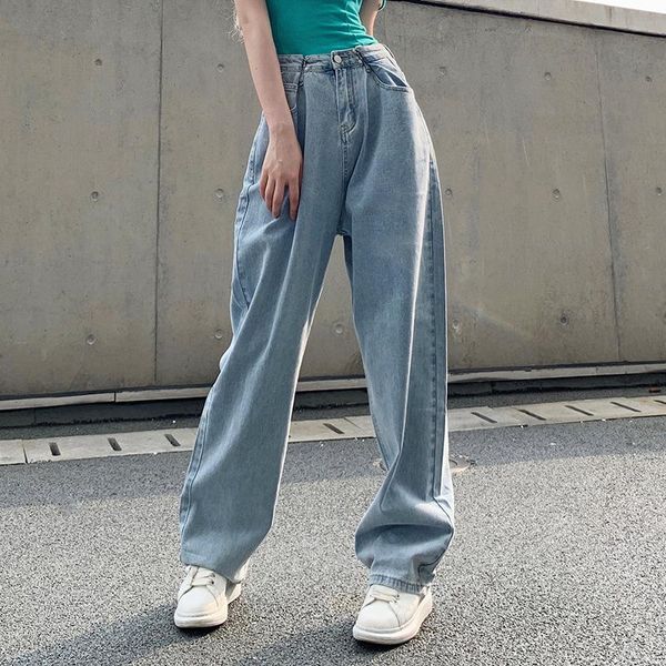 

women's jeans 2021 high waist straight loose boyfriend style casual washed denim trousers fashion pants, Blue