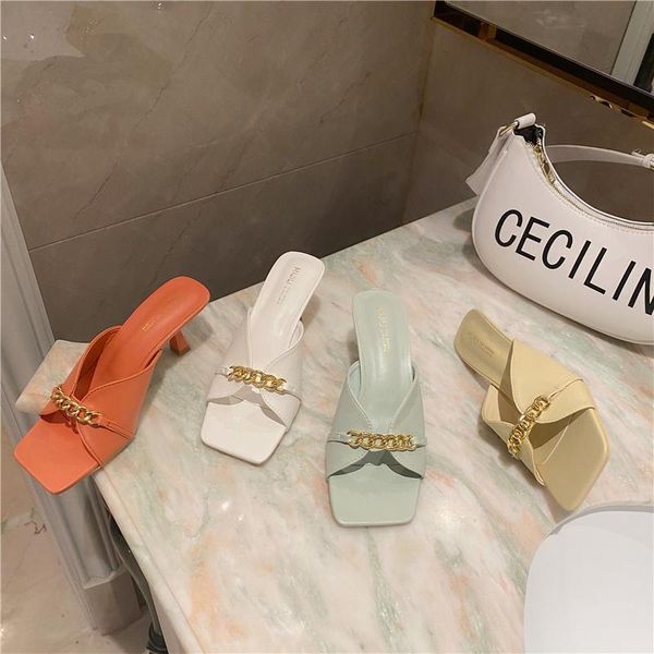 

slippers fashion brand chain women slipper thin high heel ladies sandal peep toe slip on mules summer casual outdoor slides flip flop sho, Black