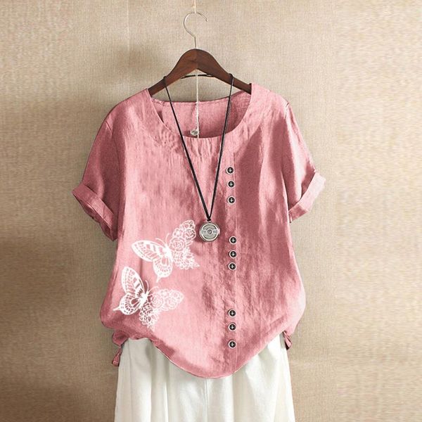 

women's t shirts summer casual cotton and linen round neck short sleeve butterfly print botton loose shirt femme t-shirt, White