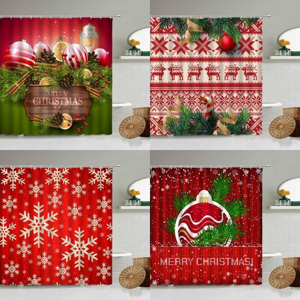 

shower curtains merry christmas curtain year xmas theme bathroom decor elk tree balls waterproof with hooks set