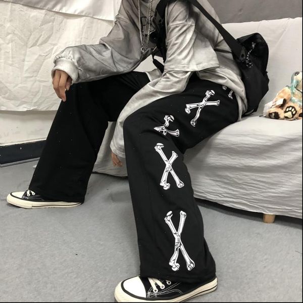 

straight womens pants pant women bone pattern punk rock harajuku style loose casual men and couple wide leg autumn, Black;white