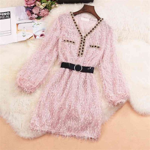 

autumn style women's v-neck lantern sleeves a-line dress diamonds tassels fringe female bandage vestidos ll1004 210507, Black;gray