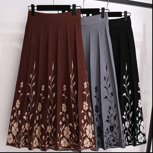 

retro plus size knitted floral womens skirts autumn winter high waist fashion elegant pleated korean saia y784, Black