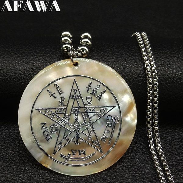 

fashion wicca pentagram shell stainless steel chain necklace women silver color big round jewelry colgante n18644 pendant necklaces