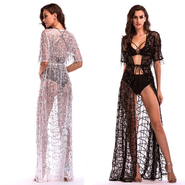 

fashion dress 2021 women's short sleeve perspective sequin long skirt, Black;pink