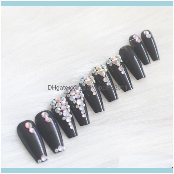 

false nails art salon health & beauty24pcs latest fashion luxury jewelry crystal diamond fake nail square head full black1 drop delivery 202, Red;gold