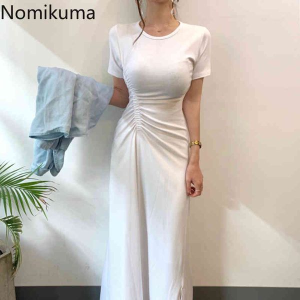 Nomikuma coreano chique camiseta vestido mulheres o pescoço manga curta uma linha vestidos branco split design magro encaixada ruched verão vestido 210514
