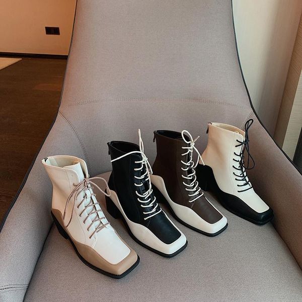 

boots fashion women ankle square toe mixed color thick mid heels cross tied lace up back zipper shoes woman, Black