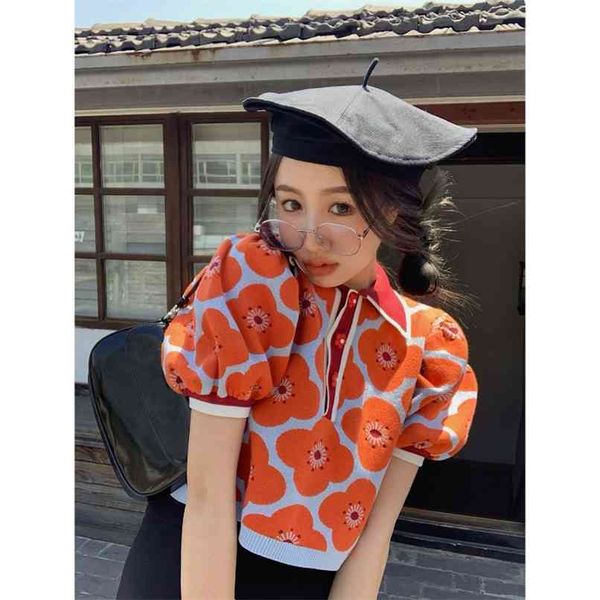 

puff retro jacquard sweater female summer short t-shirt slim thin section temperament short-sleeved y2k 210529, White