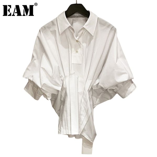 [EAM] Frauen Weiß Große Größe Falten Kurze Bluse Revers Bat Sleeve Lose Fit Hemd Mode Frühling Sommer 1DD7149 210512
