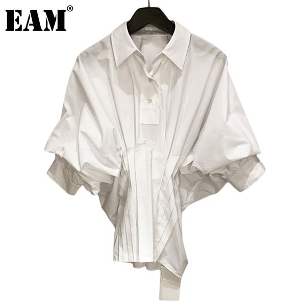 

[eam] women white big size pleated short blouse lapel bat sleeve loose fit shirt fashion spring summer 1dd7149 210512