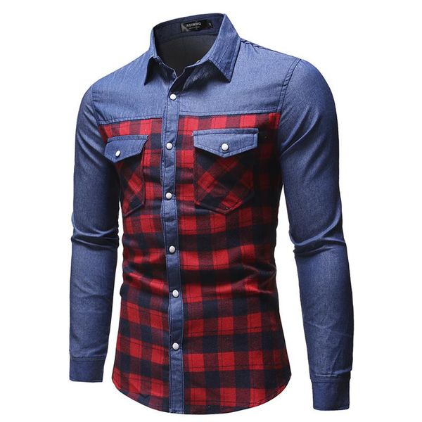 

men's casual shirts fashion plaid shirt cotton stitching loose long-sleeved denim male single breasted, White;black