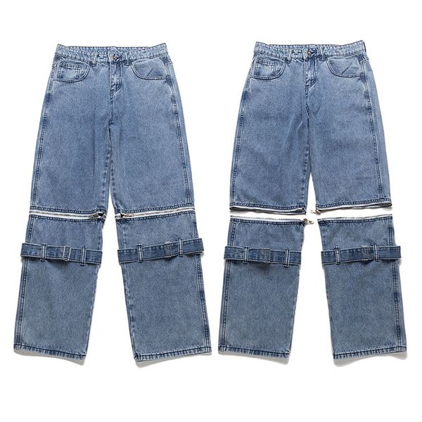 

hip hop zip jeans men women 1 back split denim zipper bottom pants, Blue