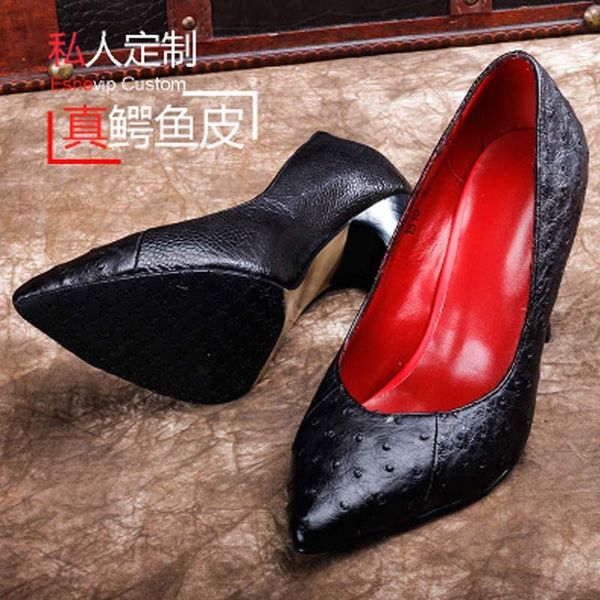 

dress shoes ourui true ostrich leather female high heels pink shallow mouth single women, Black