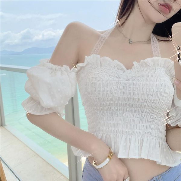 

women's t-shirt the sleeve halter crop lace, White