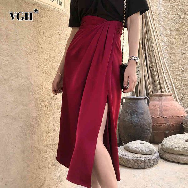 

vgh vintage asymmetrical skirt women high waist split elegant ruched irregular midi skirts for female fashion clothing tide 210421, Black