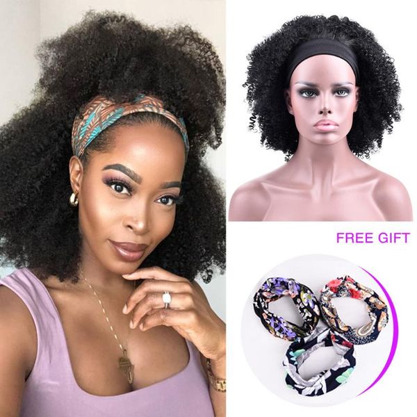 

synthetic wigs afro kinky curly headband wig 14inch chic hair style with pre-attached scarf, Black
