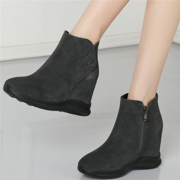 

boots fashion sneakers women genuine leather hidden wedges high heel ankle female round toe platform pumps shoes casual, Black