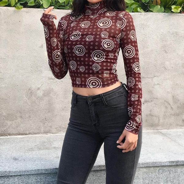 

women's t-shirt transparent short turtleneck paisley mesh bodycon dot long sleeve red shirt women spring autumn, White