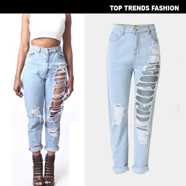 

women's jeans with holes loose straight pants, Blue