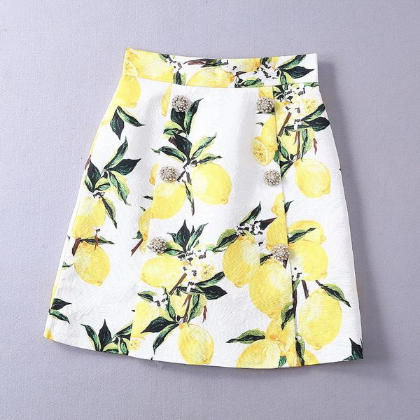 

european and american women's clothing 2021 spring diamond button fashion lemon print jacquard skirt 96ru, Black