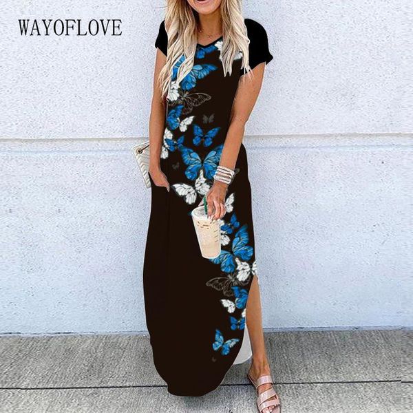 

casual dresses wayoflove 3d blue butterfly print dress 2021 summer beach split woman elegant short sleeve girls women, Black;gray