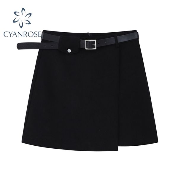 

a-line high waist belt warp skirt spring korean woolen clothing female office ladies vintage irregular spliced solid skirts 210430, Black